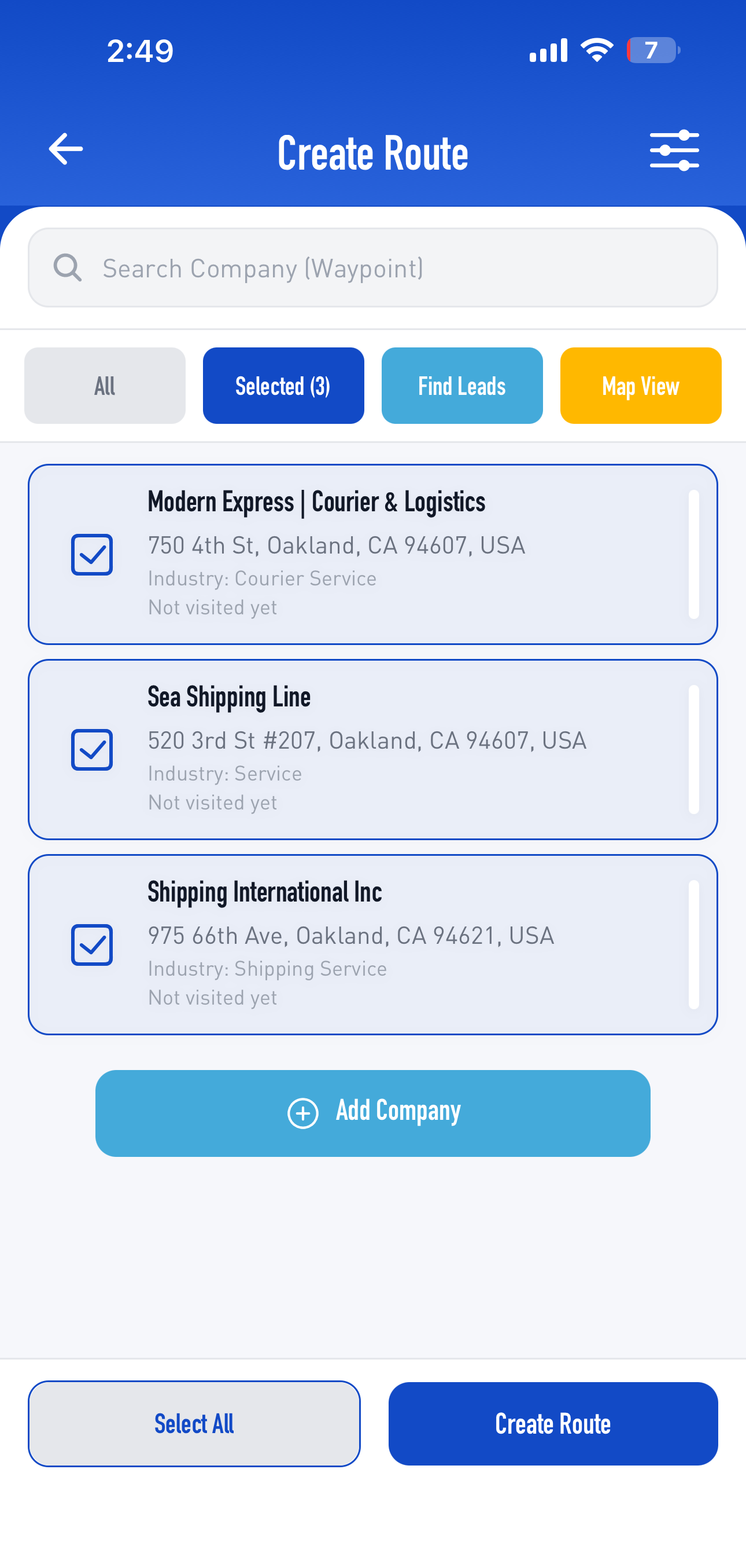 Create Route — patented route optimization
