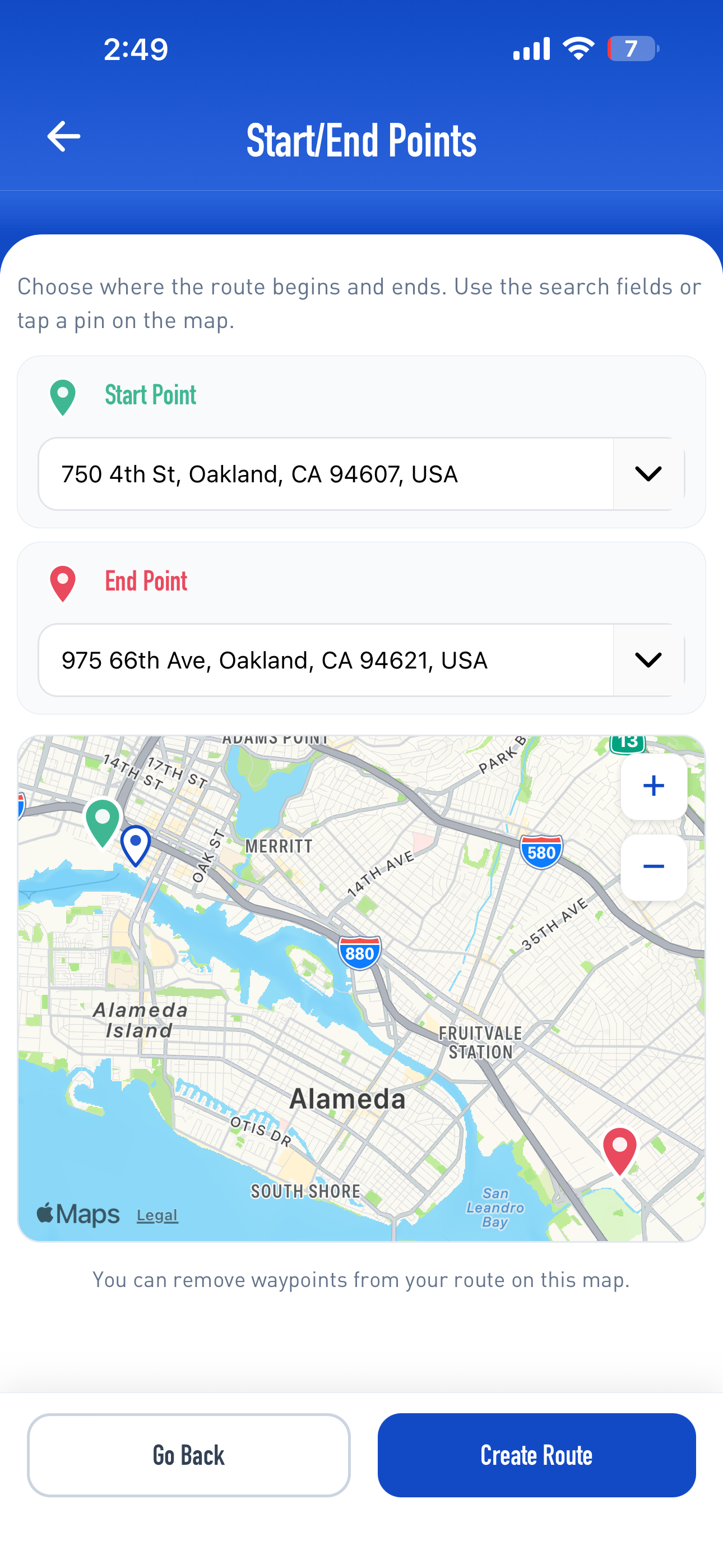 Field-ready mobile app — start and end points, Apple Maps hand-off